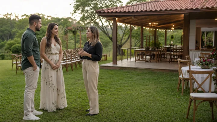 Casal conversa com responsável pelo sítio sobre a estrutura de um casamento para cem pessoas