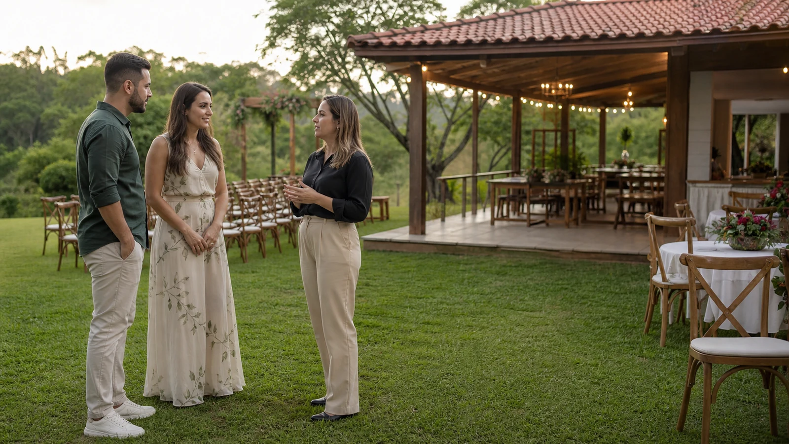 Casal conversa com responsável pelo sítio sobre a estrutura de um casamento para cem pessoas