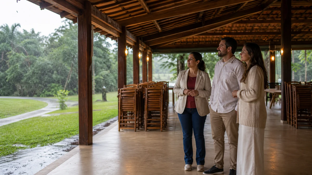 Casal e profissional avaliam a área externa e o salão coberto do sítio