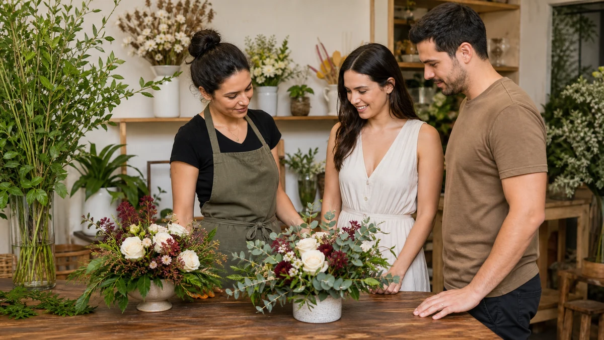 Casal e florista avaliam arranjos simples para a celebração