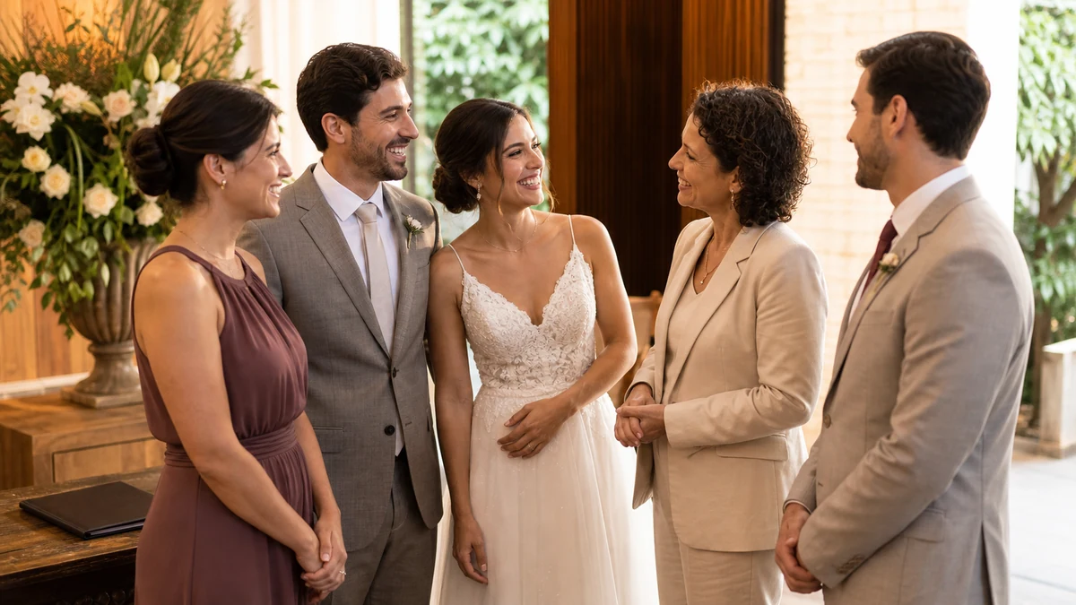 Casal, celebrante e duas testemunhas reunidos após a cerimônia