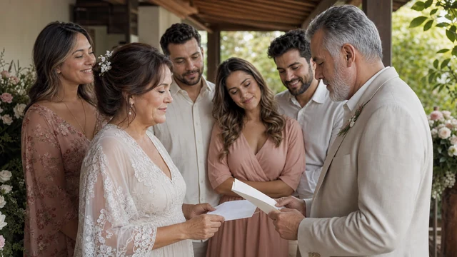 Casal lê cartas de renovação de votos diante da família