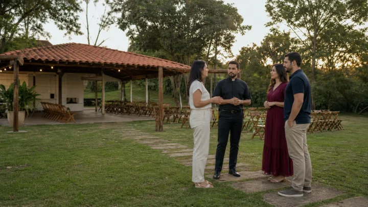 Casal conversa com sacerdote sobre a possibilidade de casamento católico em sítio