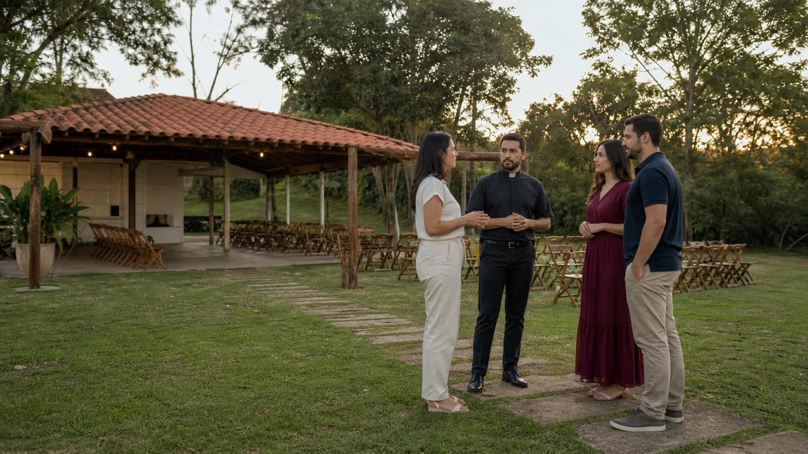 Casal conversa com sacerdote sobre a possibilidade de casamento católico em sítio