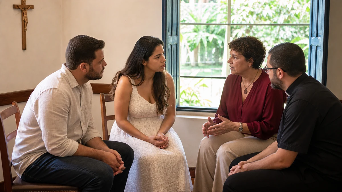 Casal conversa com sacerdote e coordenadora pastoral antes de contratar o sítio
