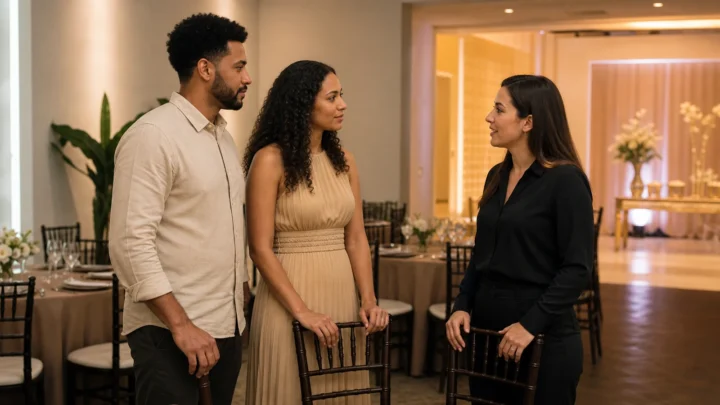 Casal conversa com uma profissional de eventos durante a visita a um espaço de casamento