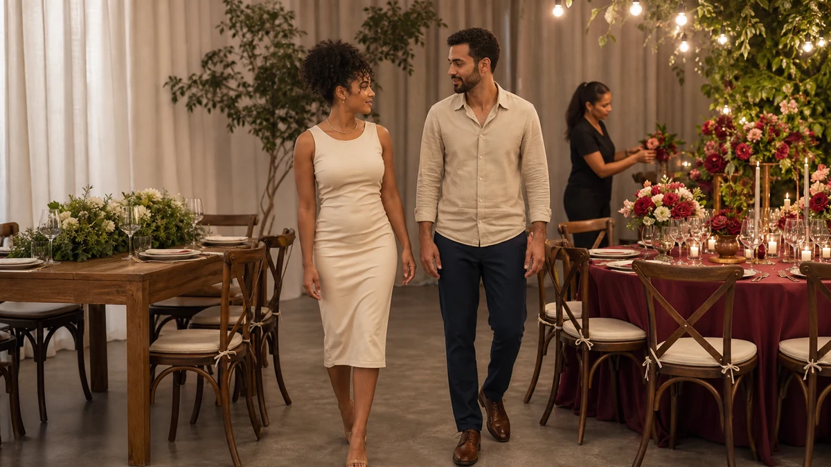 Casal compara duas ambientações de casamento enquanto conversa sobre prioridades