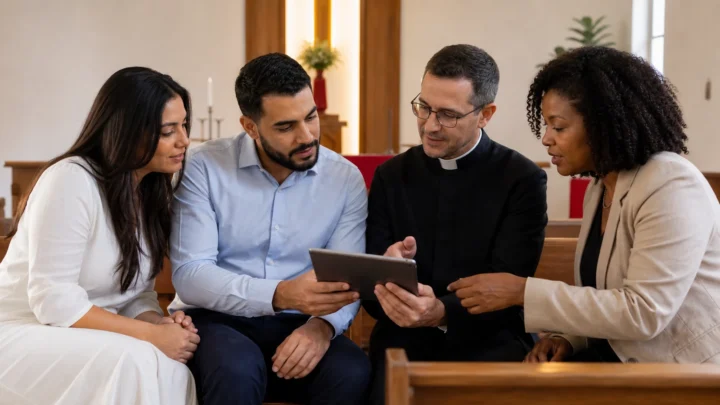 Casal conversa com um sacerdote e uma pastora enquanto todos consultam o planejamento no tablet
