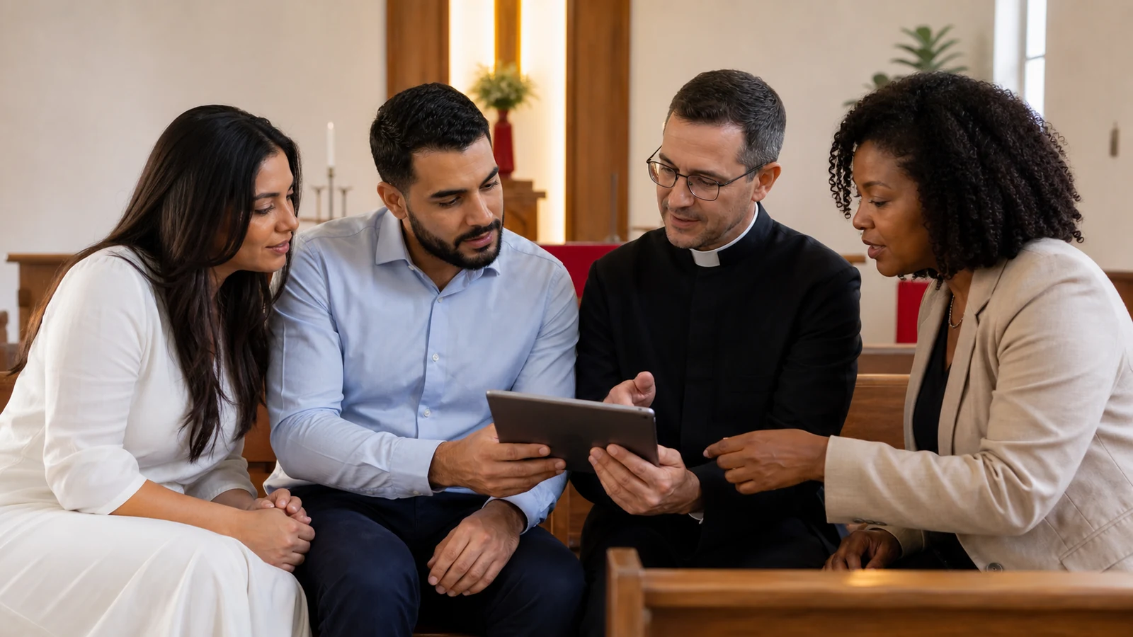 Casal cristão conversa com duas lideranças religiosas e consulta no tablet o planejamento da cerimônia ecumênica