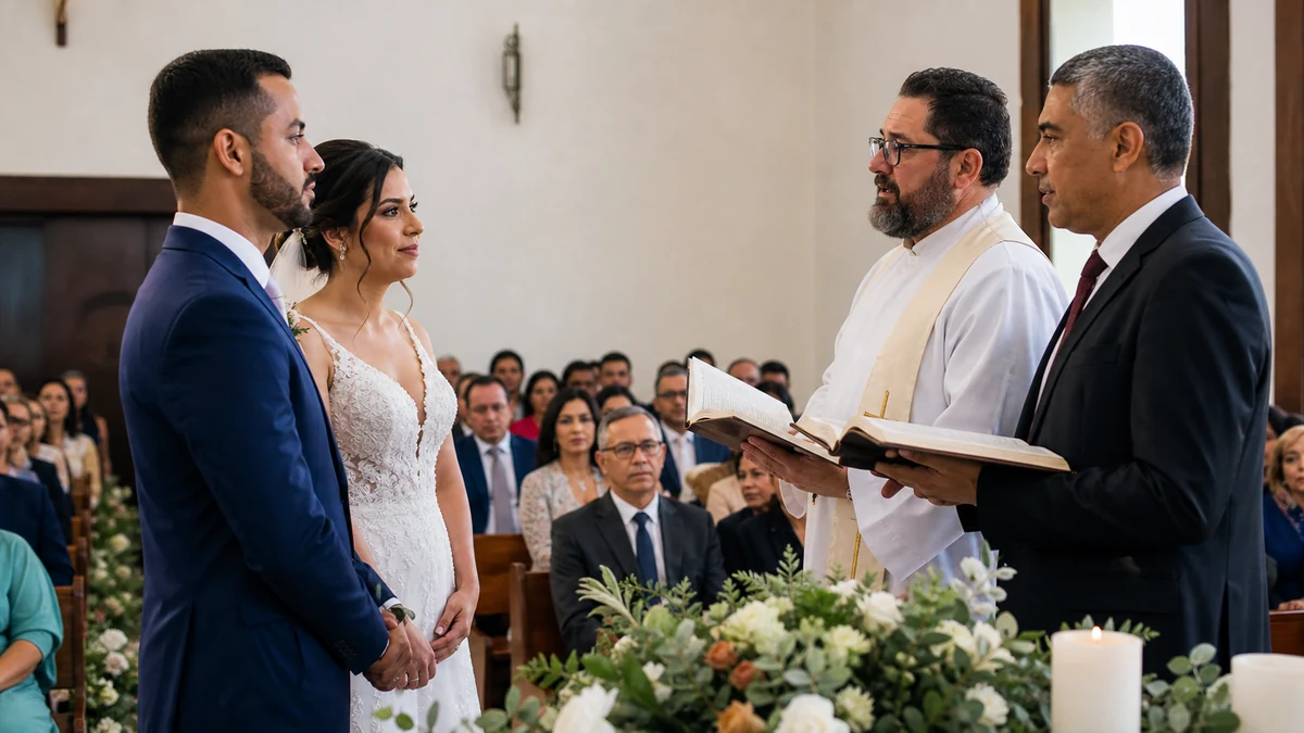 Casal participa de cerimônia ecumênica conduzida por duas lideranças cristãs diante dos convidados