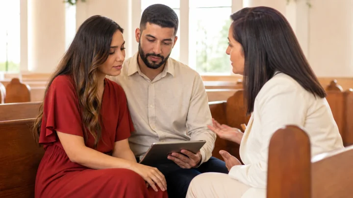 Casal conversa com uma líder da igreja enquanto consulta o planejamento da cerimônia em um tablet
