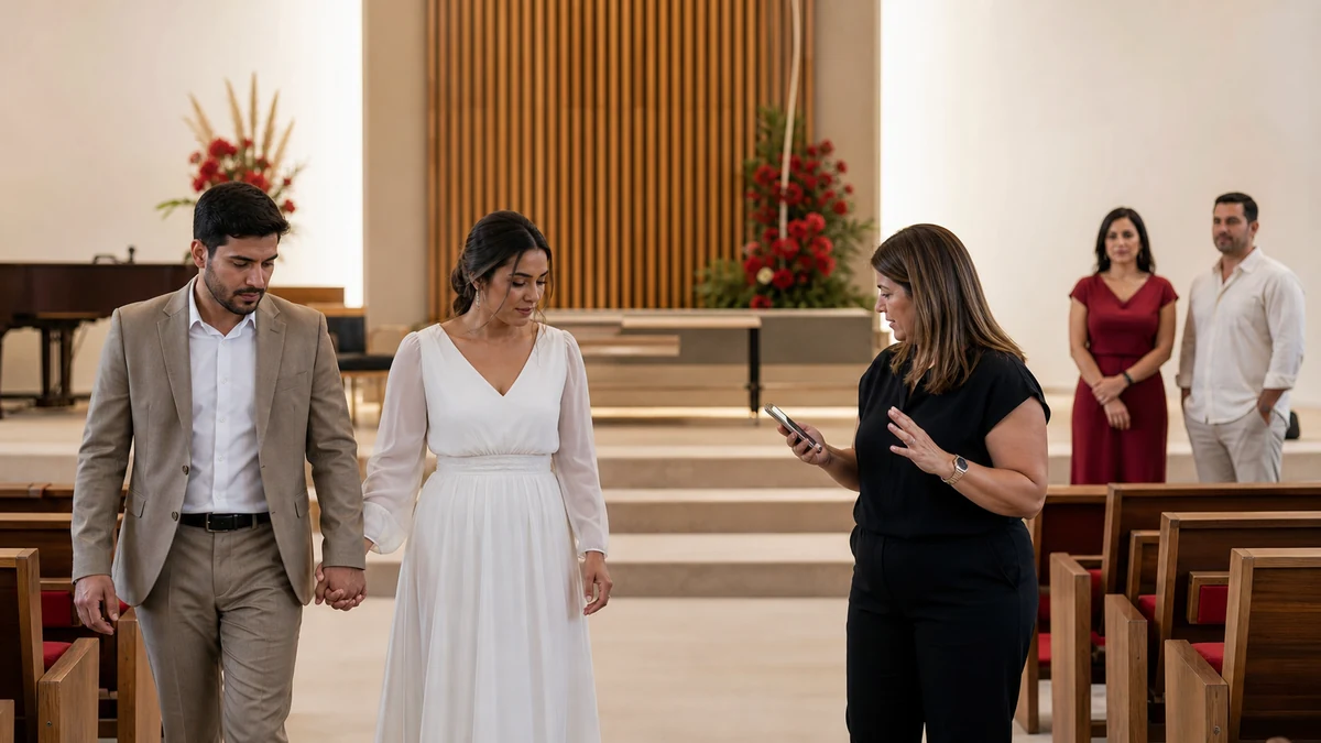 Casal participa do ensaio da cerimônia evangélica com liderança pastoral e padrinhos em um templo iluminado