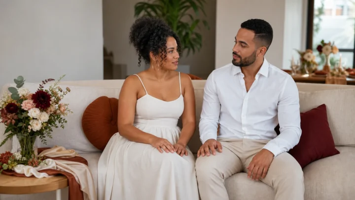 Casal conversa em casa sobre a divisão das responsabilidades do casamento