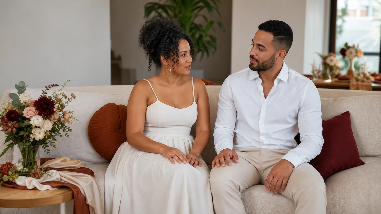 Casal conversa em casa sobre a divisão das responsabilidades do casamento