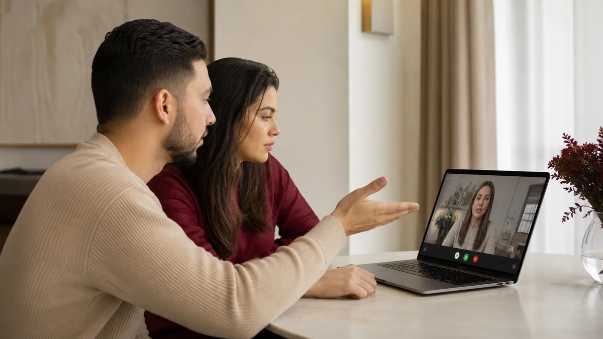 Casal conversa por videochamada com uma fornecedora e revisa o planejamento em um notebook