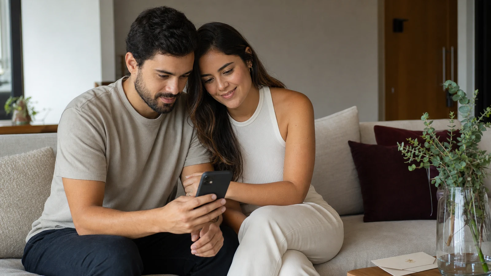 Casal conversa e organiza decisões de um casamento simples pelo celular