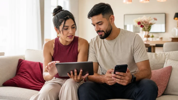 Casal organiza responsabilidades do casamento usando um tablet e um celular