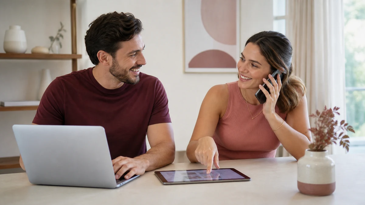 Casal revisando em conjunto tarefas e decisões do casamento em dispositivos digitais