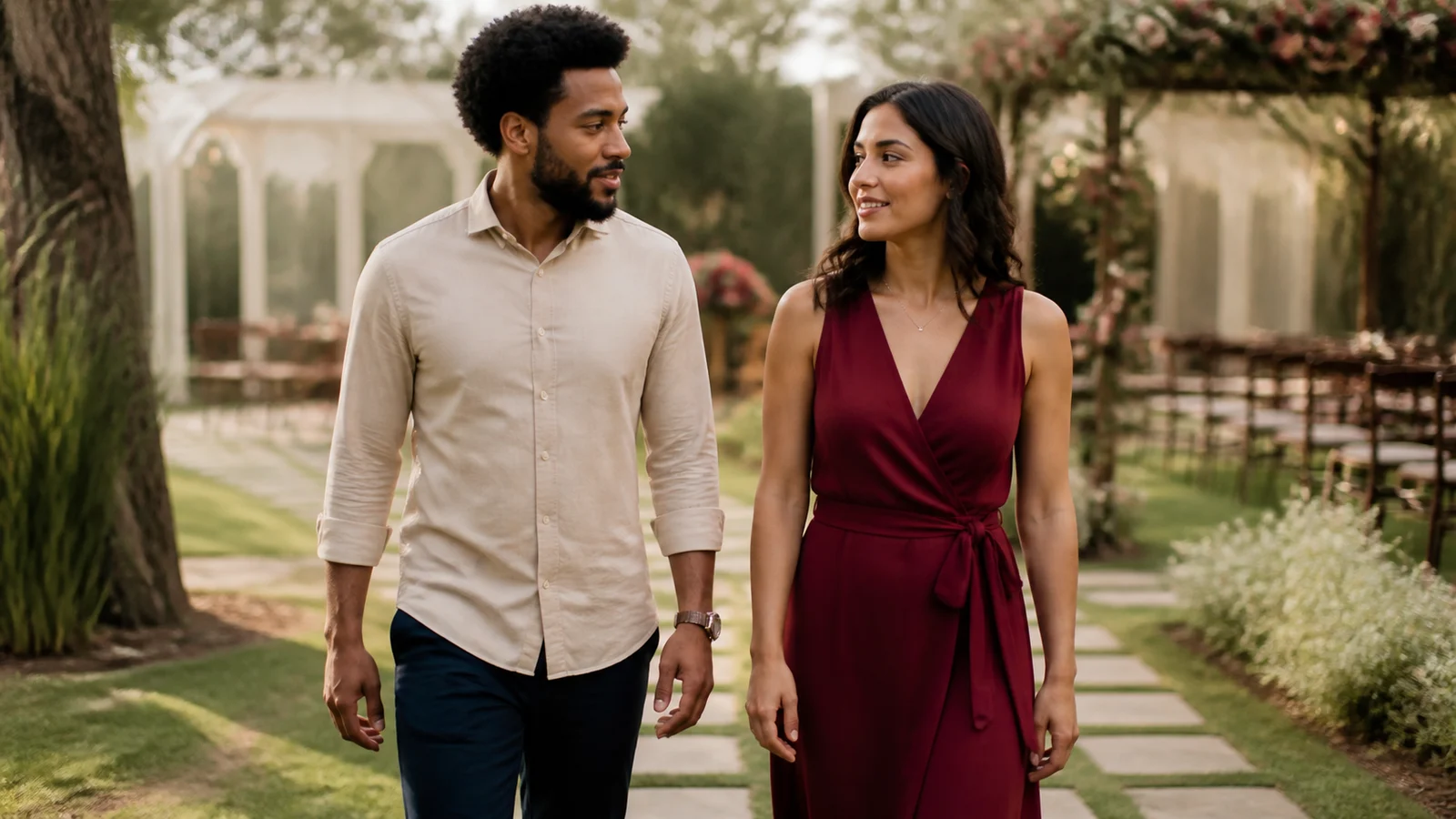 Casal caminha por um espaço de celebração ao ar livre enquanto conversa sobre possíveis datas para o casamento