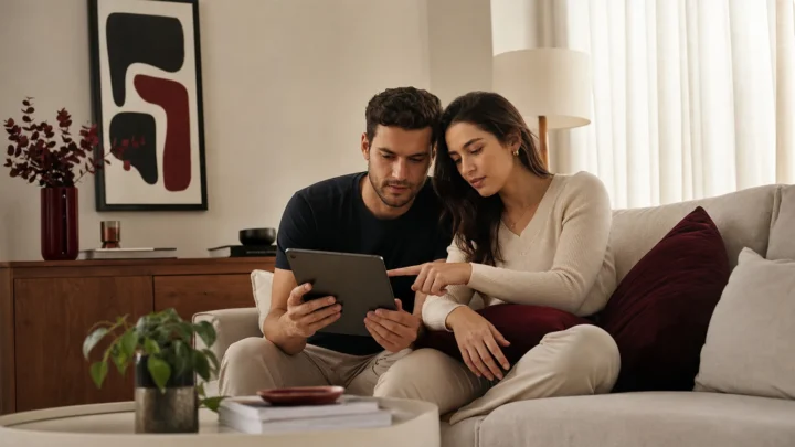 Casal revisando em um tablet os nomes e as respostas dos convidados do casamento