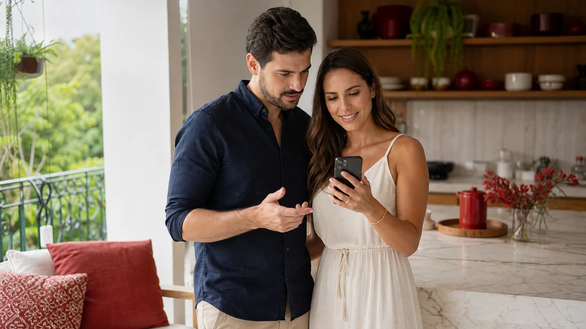 Casal conversando sobre confirmações de convidados enquanto consulta o planejamento no celular
