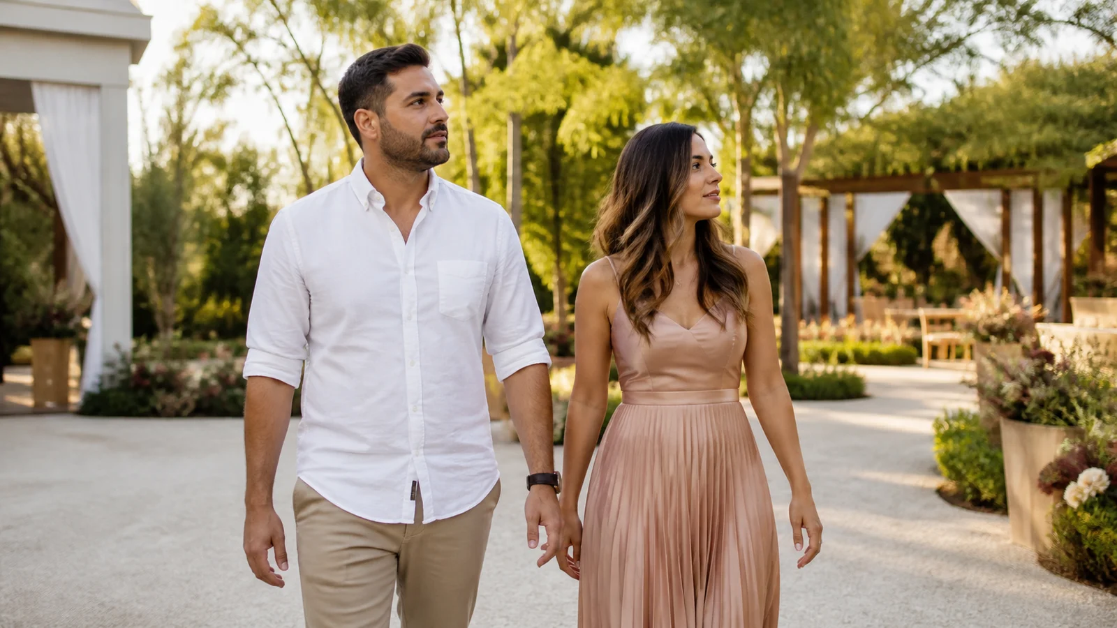 Casal caminha por um jardim de celebração enquanto conversa com calma sobre o planejamento anual do casamento