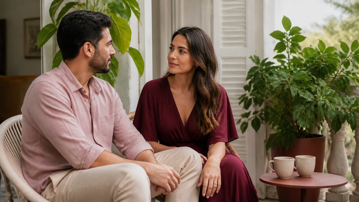 Casal conversa em uma varanda tranquila durante uma revisão conjunta do planejamento do casamento