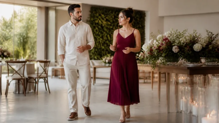 Casal visita um espaço de casamento e conversa sobre as prioridades para organizar a celebração em três meses
