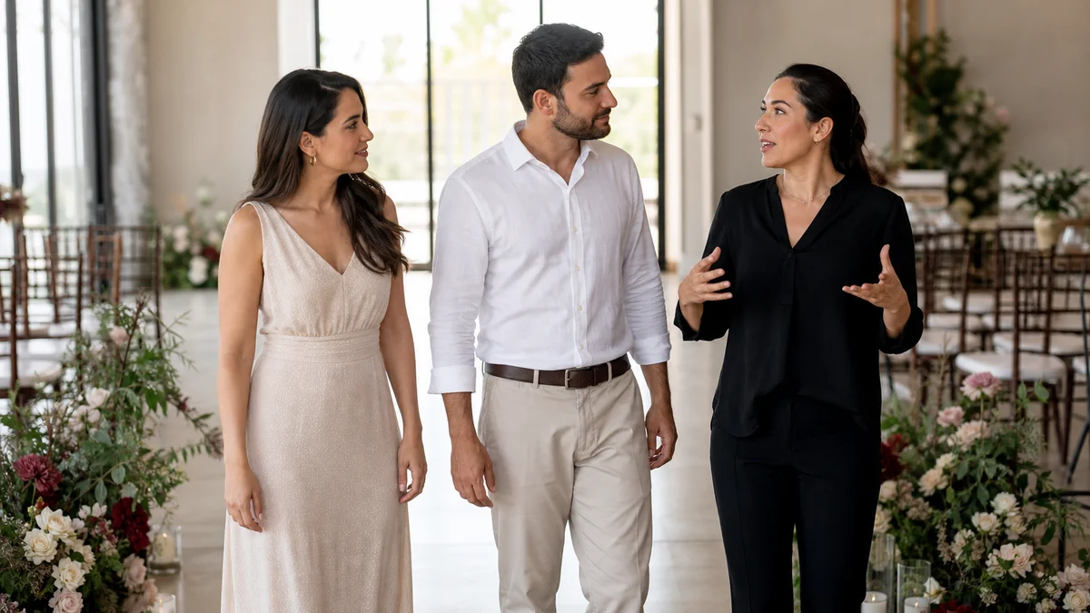 Casal conversa com uma fornecedora durante os ajustes finais em um espaço de casamento