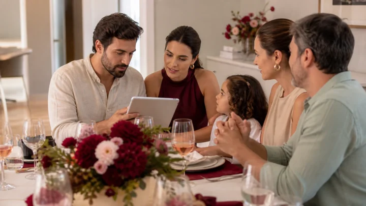 Casal consulta a lista de convidados no tablet durante conversa com uma família e uma criança