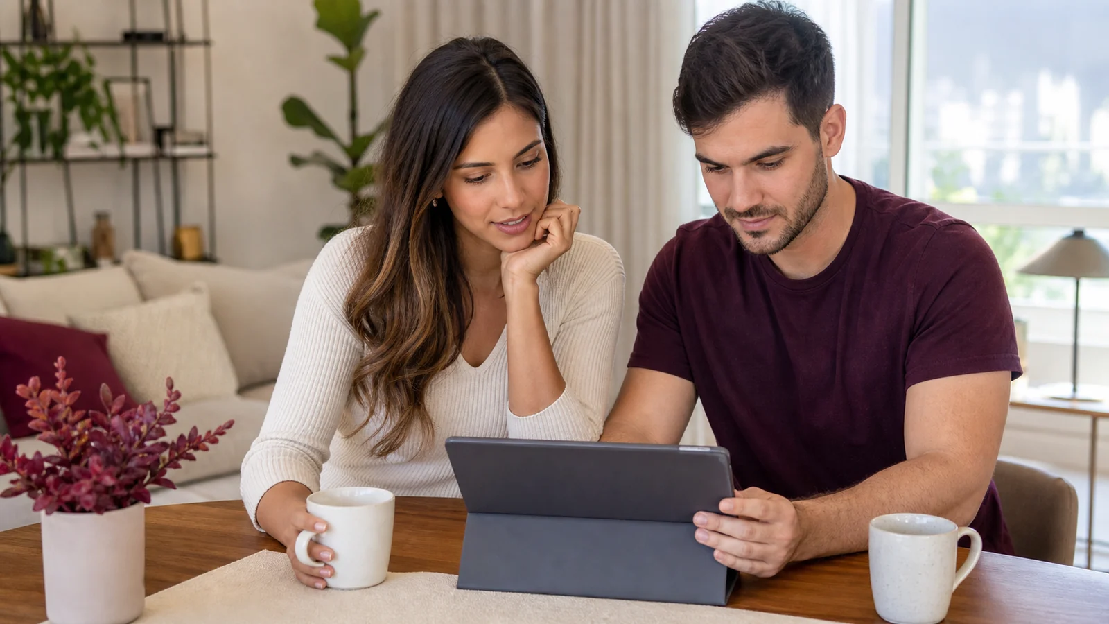 Casal e coordenadora conferem no tablet o cronograma do dia do casamento em um espaço de eventos