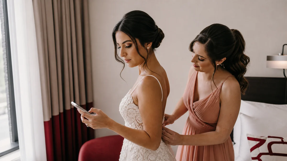 Coordenadora acompanha em um tablet a transição entre cerimônia e recepção enquanto convidados chegam