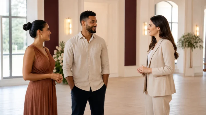 Casal conversa com uma profissional em um espaço de casamento sobre decisões do planejamento