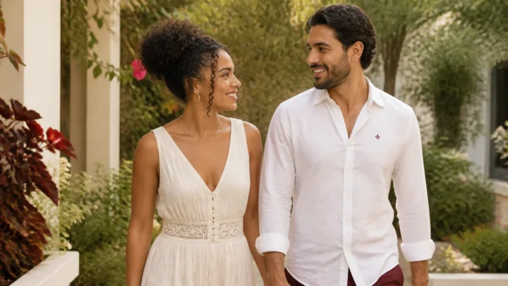 Casal recém-noivo caminha em um jardim enquanto conversa sobre as primeiras decisões do casamento