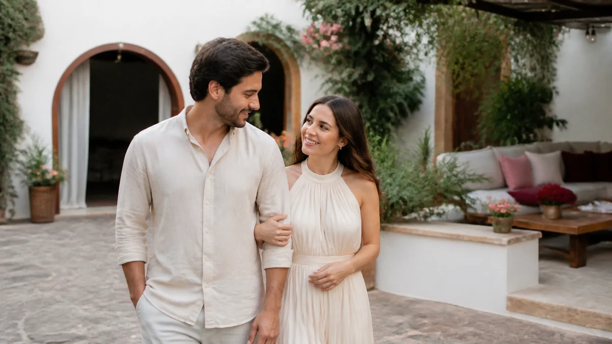 Casal recém-noivo caminha de mãos dadas e conversa sobre os planos para a celebração