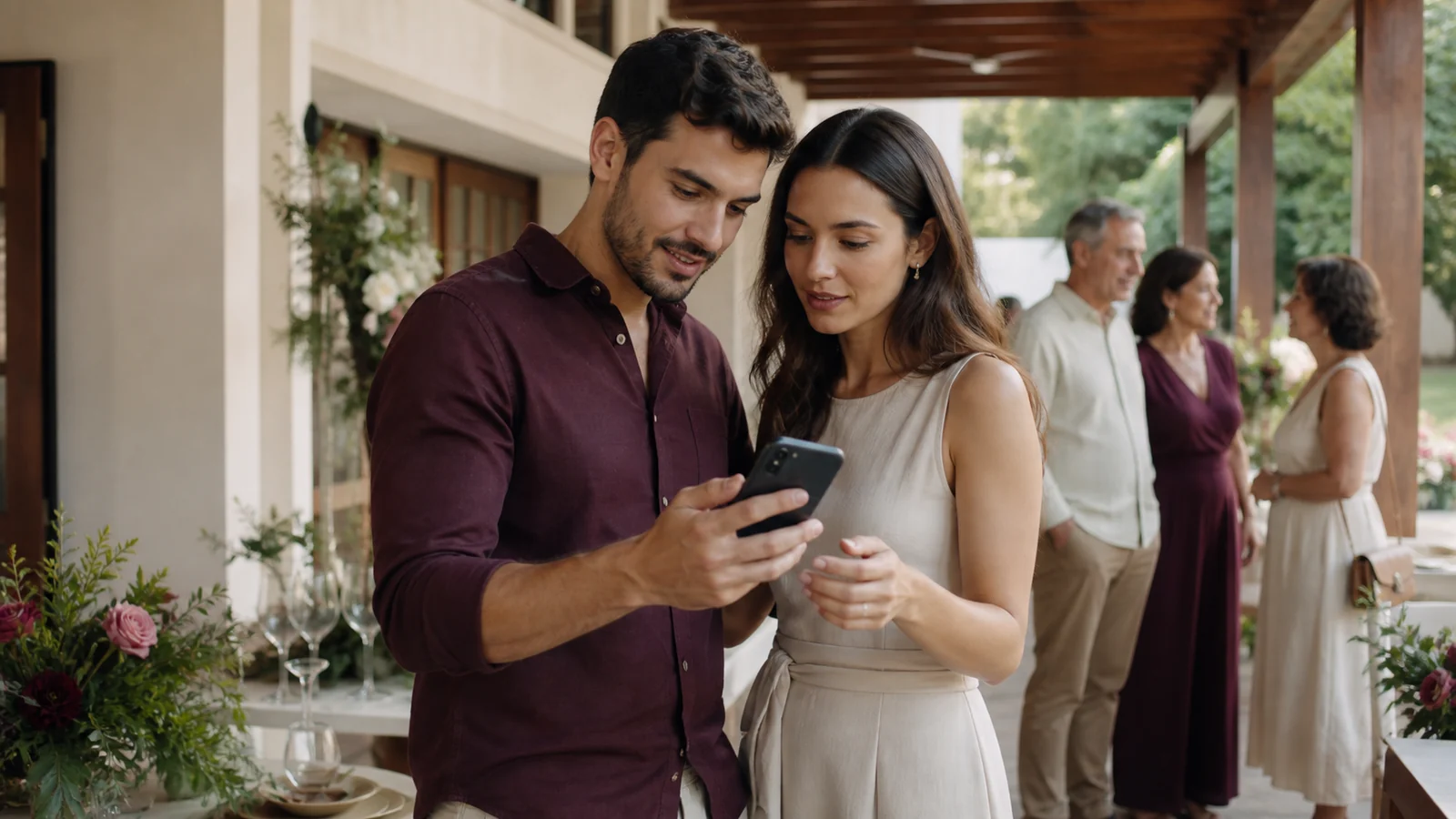 Casal visita um espaço intimista e consulta o celular durante o planejamento de um mini wedding