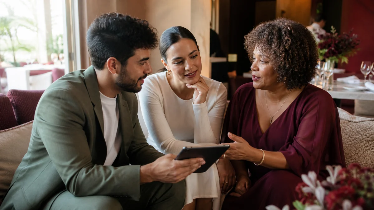 Casal conversa com uma familiar e compara prioridades do mini wedding em um tablet