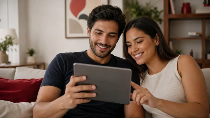Casal consultando juntos as etapas do casamento em um tablet