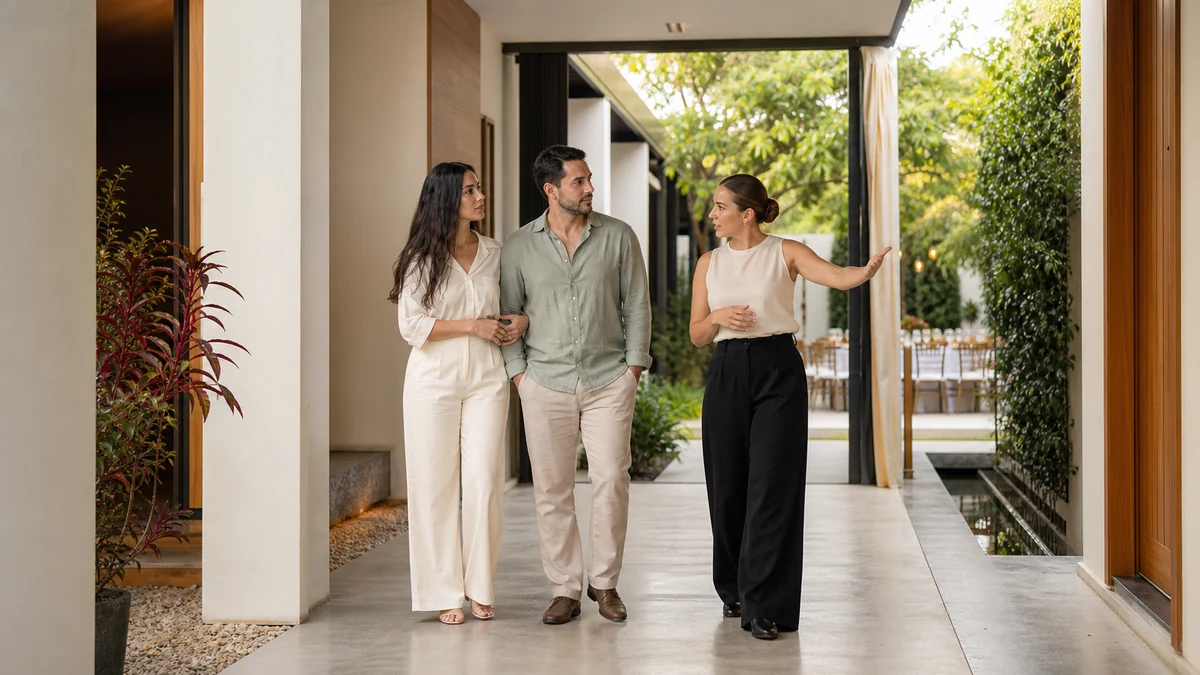 Casal visitando um espaço e avaliando a logística do casamento