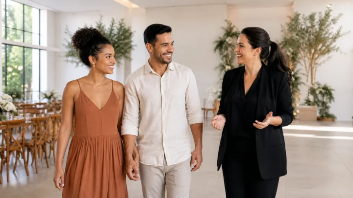 Casal visita espaço de casamento enquanto conversa com uma profissional sobre fornecedores