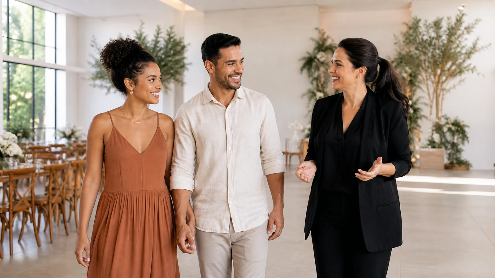 Casal visita um espaço de casamento acompanhado por uma profissional e conversa sobre a estrutura da celebração