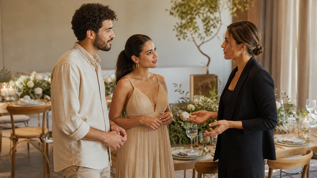 Casal conversa com uma profissional ao lado de uma mesa de recepção preparada com flores e louças