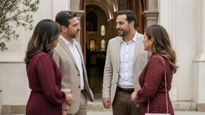 Casal conversa com pessoas próximas na entrada de uma igreja católica antes de escolher os padrinhos