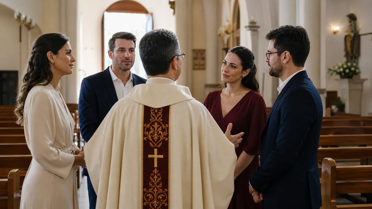Casal e duas pessoas próximas conversam com um sacerdote em uma igreja clara