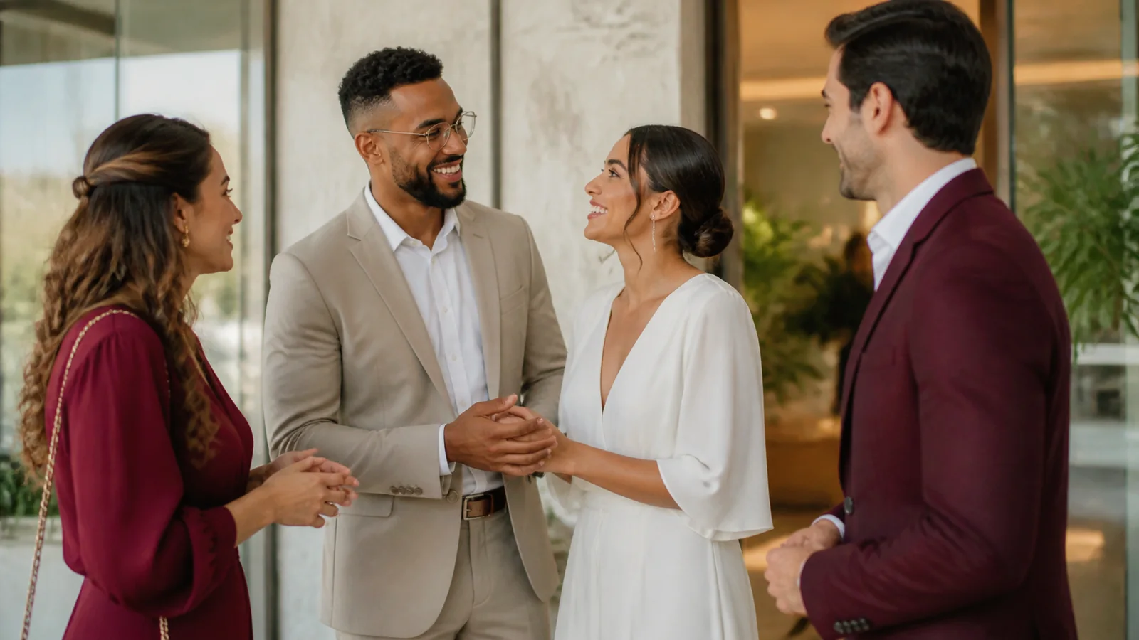 Casal conversa com duas pessoas escolhidas como testemunhas antes do casamento civil