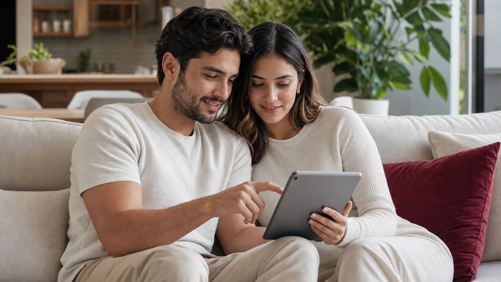 Casal definindo em um tablet o prazo para pedir confirmação de presença aos convidados