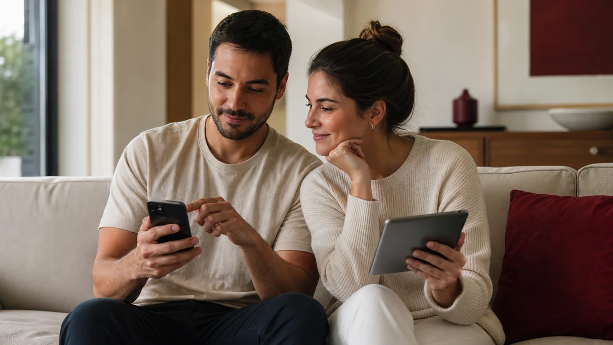 Casal preparando uma mensagem de confirmação de presença no celular enquanto consulta os prazos em um tablet