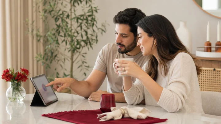 Casal analisando o orçamento do casamento em um tablet durante o planejamento