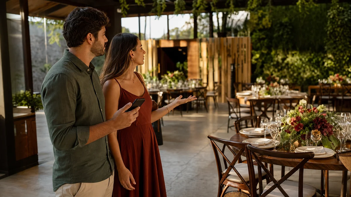 Casal visitando um espaço de casamento e avaliando cenários de convidados