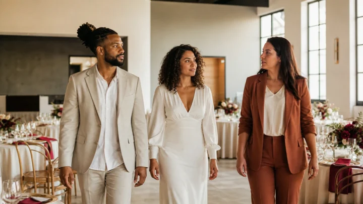 Casal visita um espaço intimista para mini wedding acompanhado por uma coordenadora de eventos